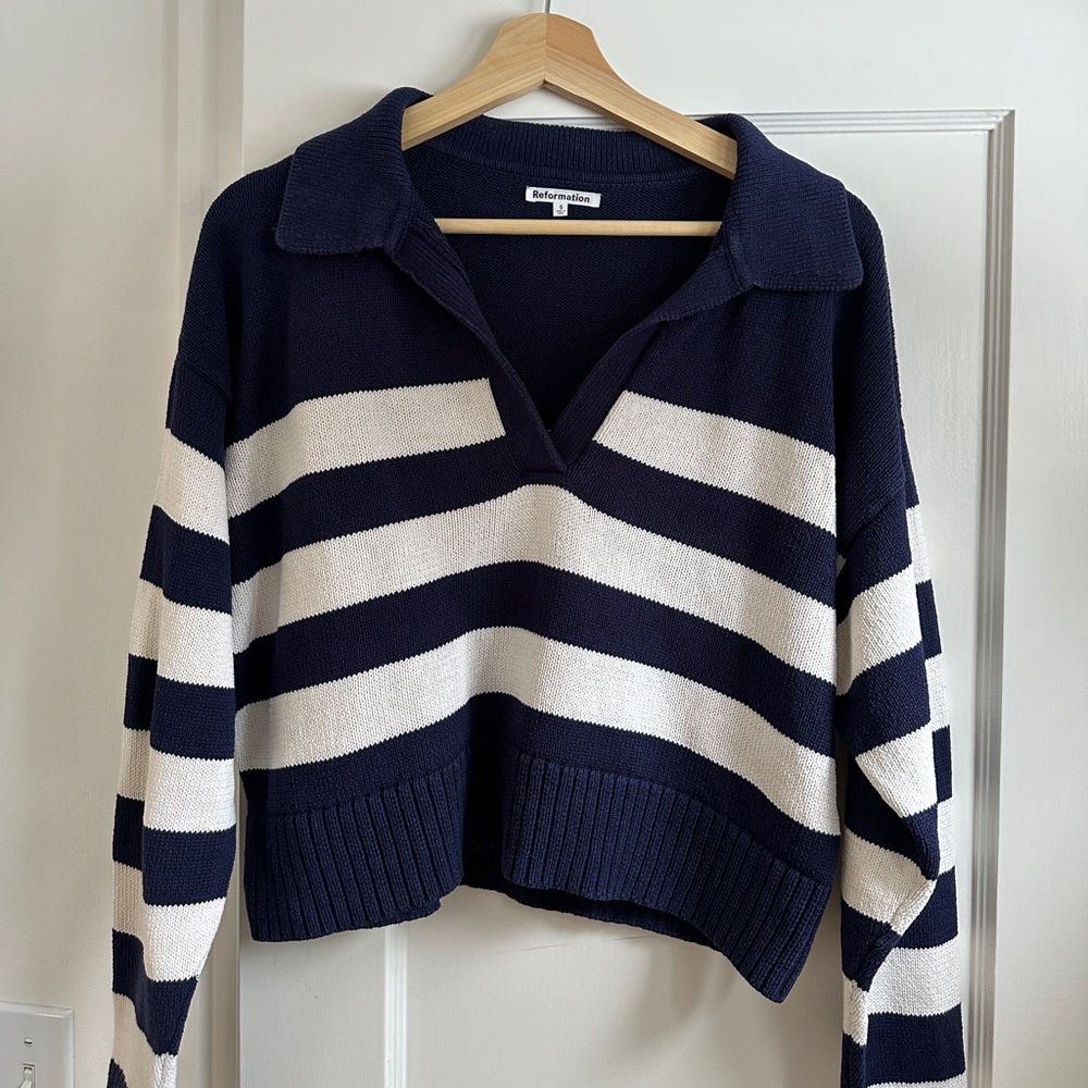 Reformation Francesco Cotton Polo Sweater Navy/Ecru Striped